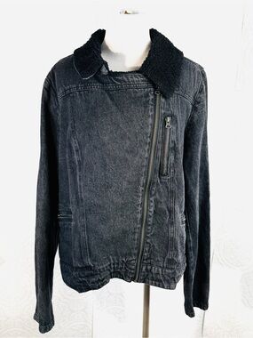 Ruff Hewn sz XL Women's Black Denim Jacket Sherpa Angled Zip Up VIntage